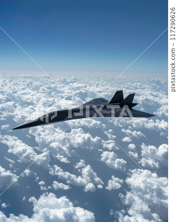 A sleek stealth aircraft cruises at high altitude above the clouds, portrayed in an image that exudes a sense of power and advanced engineering. 117290626