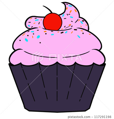 A cupcake with a cherry on top and sprinkles 117291198