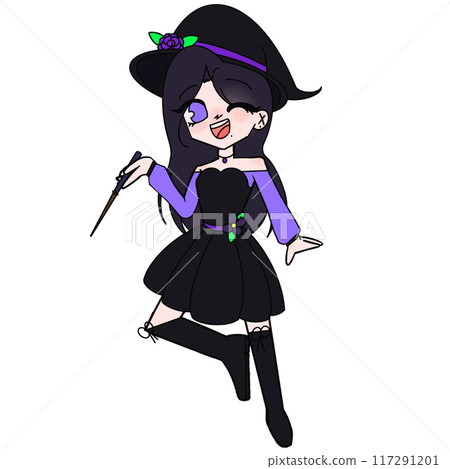 A girl in a black dress with a purple hat and a wand 117291201