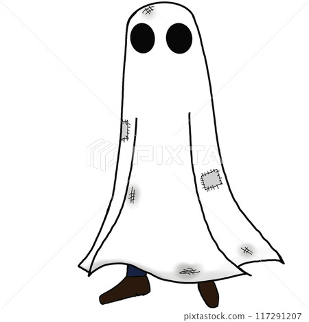 A ghostly figure with a creepy face is walking on a white background A ghostly figure with a creepy face is walking on a white background 117291207