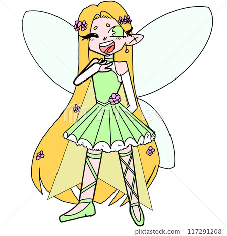 A cartoon girl with long blonde hair and a green dress is smiling A cartoon girl with long blonde hair and a green dress is smiling 117291208