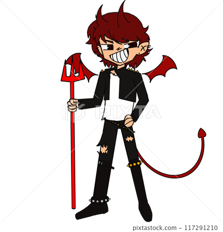 A cartoonish drawing of a man with a devil's tail and a red staff 117291210