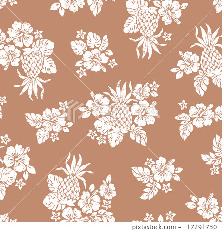 Hibiscus and pineapple textile pattern, 117291730
