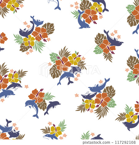 Cute hibiscus and dolphin print, 117292108