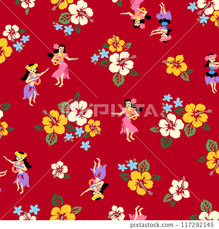 Cute hibiscus and hula dancer pattern, 117292145