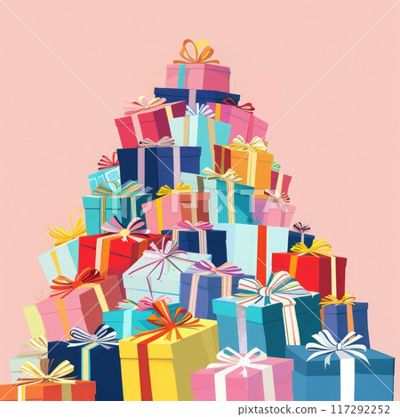 Numerous brightly wrapped gift boxes are stacked in a pyramid shape, creating a festive display that adds charm to the pastel pink backdrop. 117292252