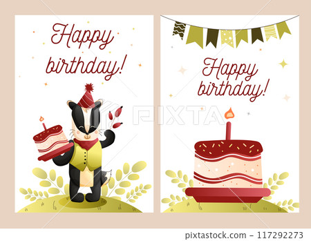 Childrens cute greeting card. a set of greeting cards with a cute badger and a birthday cake. Vector. 117292273