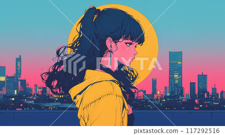 80s style woman looking up at the sky in the city 117292516