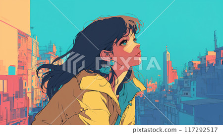 80s style woman looking up at the sky in the city 117292517