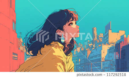 80s style woman looking up at the sky in the city 117292518