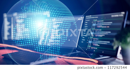 Computer monitor with abstract world map and binary code. Programming anywhere in the world 117292544