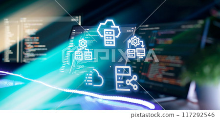 The concept of storing data on a server, combining into one array, data transfer, distribution from a server, protection 117292546