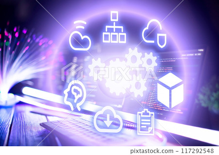 Concept of cloud computing technology. Protecting data and servers remotely. Network connection. 117292548