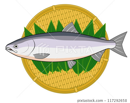 將鮭魚放入鋪有竹葉的漏勺中 117292658