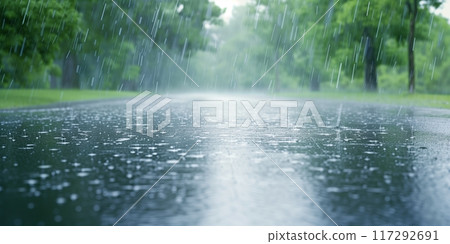 Rain falls gently on a quiet tree-lined street during a summer afternoon 117292691