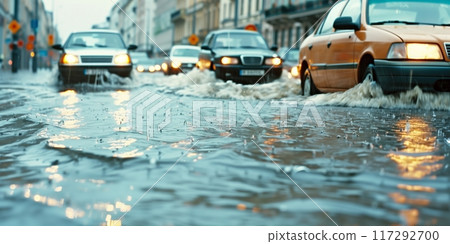 Vehicles driving through flooded streets during heavy rainfall in urban area Vehicles driving through flooded streets during heavy rainfall in urban area 117292700