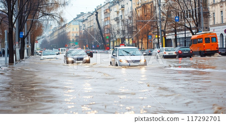 Vehicles struggle to navigate flooded urban streets during heavy rain. Vehicles struggle to navigate flooded urban streets during heavy rain. 117292701