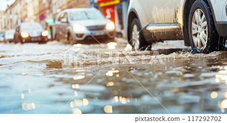 Rainwater accumulates on the street as vehicles maneuver through deep puddles in a flooded urban area. Rainwater accumulates on the street as vehicles maneuver through deep puddles in a flooded urban area. 117292702