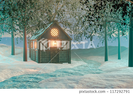 3D rendering of illuminated wooden cottage in forest at winter daytime 3D rendering of illuminated wooden cottage in forest at winter daytime 117292791