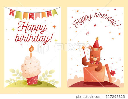 Childrens cute greeting card. Birthday card set with cupcake and bear in a festive box. Vector. 117292823