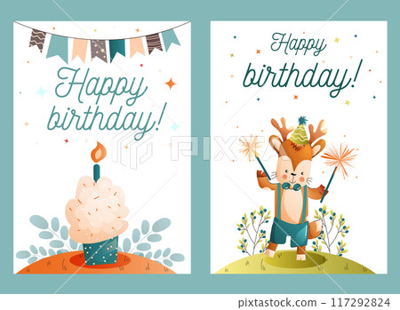 Childrens cute greeting card. Set of birthday cards with a festive cupcake and a funny animal character. Vector. 117292824
