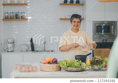 Couple senior Asian elder happy living in home kitchen. 117293288
