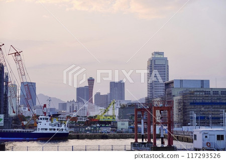 View of Kobe Port Tower as dusk approaches from Kobe Sannomiya Ferry Terminal, Chuo Ward, Kobe City, Hyogo Prefecture View of Kobe Port Tower as dusk approaches from Kobe Sannomiya Ferry Terminal, Chuo Ward, Kobe City, Hyogo Prefecture 117293526