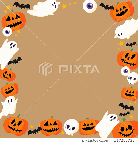 Halloween background material. Includes jack-o'-lanterns, bats, ghosts, skeletons, and eyeballs. 117293723
