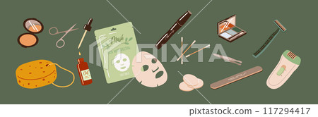 Makeup and organic cosmetic products 2D cartoon objects set 117294417