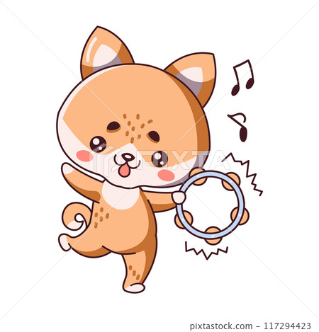 Kawaii fox cub plays tambourine flat vector illustration 117294423