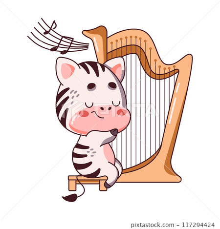 Kawaii cow plucks strings of harp flat vector illustration Kawaii cow plucks strings of harp flat vector illustration 117294424