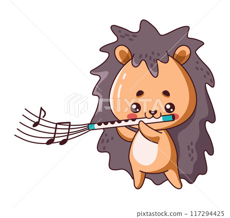 Kawaii hedgehog holds flute flat vector illustration 117294425