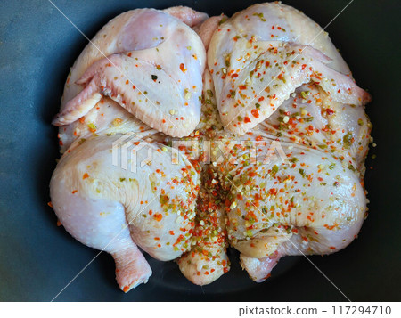 Char-grilled chicken. Juicy fresh chicken ready for cooking Char-grilled chicken. Juicy fresh chicken ready for cooking 117294710