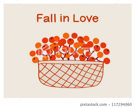 A vibrant basket filled with orange and red berries accompanied by the text fall in love, evoking the essence of autumn. A vibrant basket filled with orange and red berries accompanied by the text fall in love, evoking the essence of autumn. 117294860