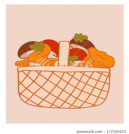 A woven basket overflows with various vibrant vegetables and mushrooms, showcasing fresh produce against a soft pastel backdrop. A woven basket overflows with various vibrant vegetables and mushrooms, showcasing fresh produce against a soft pastel backdrop. 117294875
