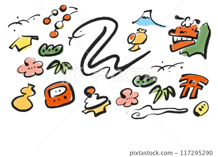 Cute Japanese-style New Year's card, New Year's material, Reiwa 7, 2025, lucky charm, brush writing 117295290