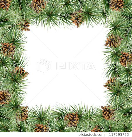 Pine tree, fir tree, spruce branches with needles, cones. Watercolor hand drawn illustration, border frame isolated on white. Xmas, happy new year festive, noel navidad. Cards, gifts, florist. Pine tree, fir tree, spruce branches with needles, cones. Watercolor hand drawn illustration, border frame isolated on white. Xmas, happy new year festive, noel navidad. Cards, gifts, florist. 117295753