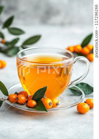Sea Buckthorn Tea in Glass Cup with Fresh Berries Sea Buckthorn Tea in Glass Cup with Fresh Berries 117296266
