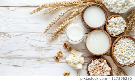 Assorted Dairy Products With Wheat on a Wooden Table 117296280