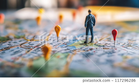 Businessman Figurine on a World Map with Destination Pins Businessman Figurine on a World Map with Destination Pins 117296286