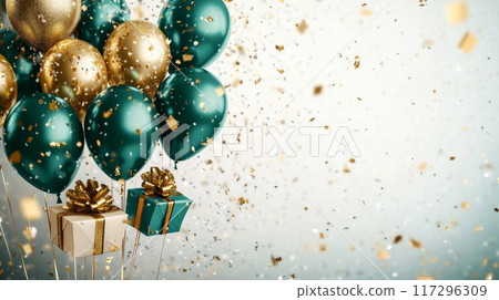 Celebration Balloons and Gifts with Golden Confetti Celebration Balloons and Gifts with Golden Confetti 117296309