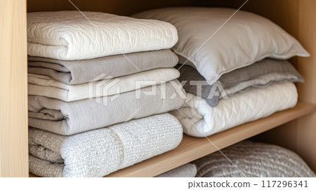 Assorted Linen Pillows and Blankets on Wooden Shelves 117296341