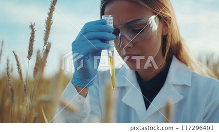 Female Scientist Examining Chemical Sample in Test Tube 117296401