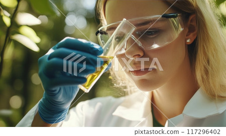 Female Scientist Examining Chemical Sample in Test Tube 117296402
