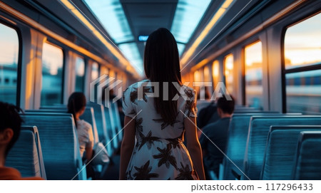 Commuter Train Journey at Sunset 117296433
