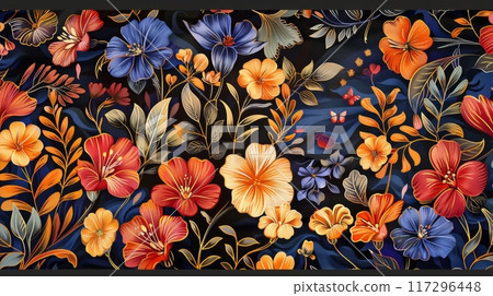 Vibrant Floral Tapestry with Exotic Blooms and Foliage 117296448