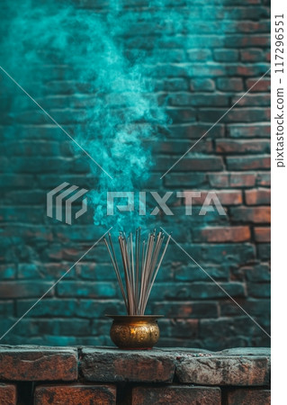 Mystic Blue Smoke Rising from Incense Sticks in Bronze Holder 117296551
