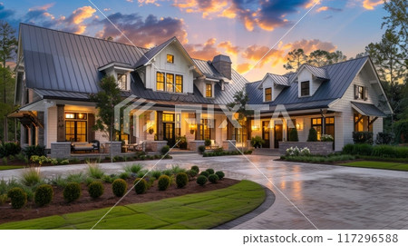 Luxury Modern Home Exterior at Sunset - Stock Illustration [117296588 ...