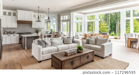 Modern Open Plan Living Room with Kitchen and Outdoor View 117296595