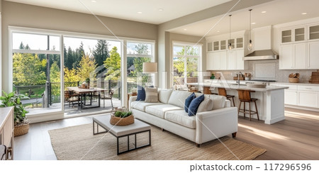 Modern Open Plan Living Room with Kitchen and Outdoor View 117296596